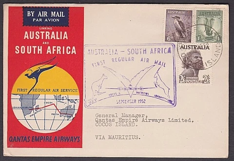 COCOS ISLAND 1952 Qantas flight cover to Sth Africa - RAAF PO COCOS cds....A2103 Cover