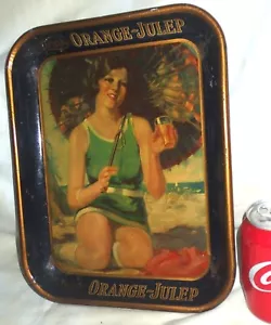 ANTIQUE BEACH SWIM GIRL DRINK ORANGE JULEP METAL SODA TRAY CRUSH COCA COLA PEPSI - Picture 1 of 12