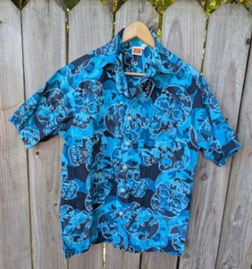 Vintage Sideout Hawaiian Camp Shirt Blue Skulls Floral Medium Surf Skate - Picture 1 of 7