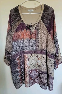 CJ Banks 2X Shirt Top Beige Embellished V Neck Tunic 3/4 Sleeve Stretch Woman - Picture 1 of 3
