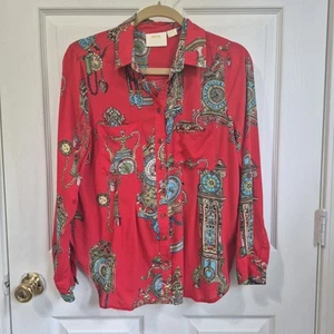 Camisa Maeve by Anthropologie Mujer Talla 8 Abotonada Top Cabrichosa Roja Estampado Reloj - Imagen 1 de 7