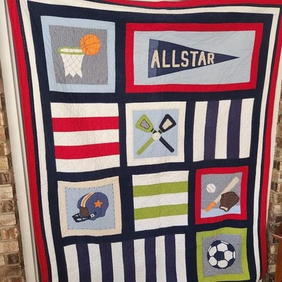 Pottery Barn Queen Quilt Kids Sports Patchwork Blanket Baseball Football Soccer  - Image 1 of 4