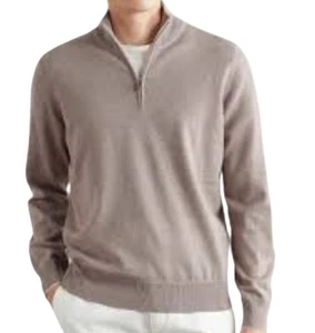 BRUNELLO CUCINELLI Men's Quarter-Zip Cashmere Sweater 58 Vera Pelle Leather Trim - Picture 1 of 9