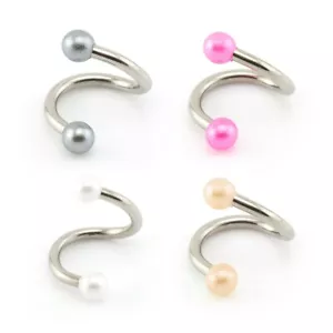 Pearl Spiral Twist Belly Bar Helix Tragus Eyebrow Piercing Barbell - Picture 1 of 11