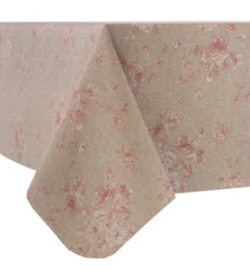 PETITE FLOWER PINK ACRYLIC COATED TABLE CLOTH ROSE RED BEIGE LEAVES WIPE ABLE - Picture 1 of 2