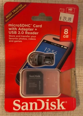 SANDISK MICROSDHC CARD 8 GB WITH ADAPTER + USB 2.0 READER ~ NEW IN PACKAGE - Image 1 of 2