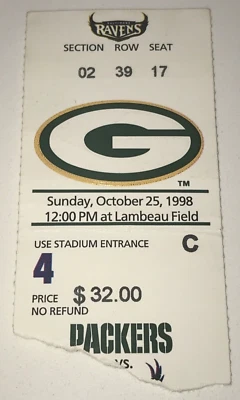 Green Bay Packers Ravens 10/25/98 Ticket Stub Brett Favre Start Streak Game #100 - Image 1 of 2