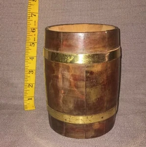 Vintage Wooden Barrel with Gold Metal Bands 6" tall & 4" diameter Antique Toy? - Picture 1 of 7