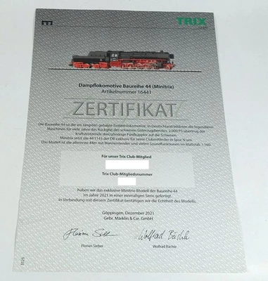 Trix Minitrix 16441 ZERTIFIKAT Spur N Dampflok BR 44 1143 DB DCC Digital Club !! - Bild 1 von 2