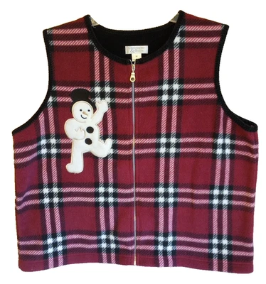 Christopher & Banks Рождественский Жилет Снеговика Красный Шотландский Флисовый На Молнии Размер СРЕДНИЙ - Изображение 1 из 4