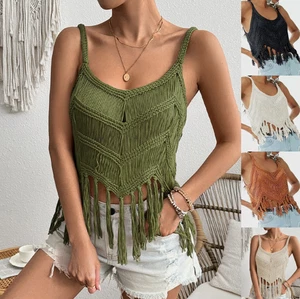 Women Crochet Knit Fringed Strappy Beach Holiday Vest Crop Tops Summer Tank SIZE - Picture 1 of 21