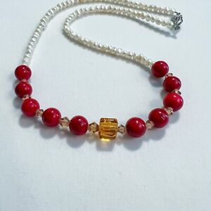 ￼Red Jasper, Amber & Fresh-Water Pearl Necklace 17 Inches Artisan Made ￼Excellen