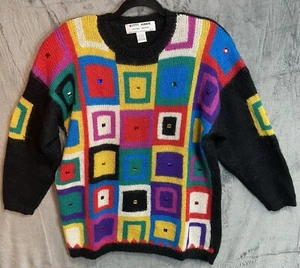 Vintage Kitty Hawk Size Large Mohair Fuzzy Beaded Colorful Retro Grandma Sweater - Picture 1 of 5