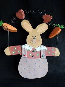BUNNY RABBIT WALL HANGING 9" x 7" Pink Carrots Hearts Wood Easter Decor - Picture 1 of 11