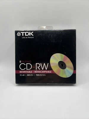 TDK CD-RW 5 Pack 1X-4X,  80MIN 700MB w Slim Cases Brand New Sealed - Image 1 of 3