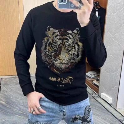New Men Luxury Diamond Tiger Rhinestones Fashion Hoodie High Quality 3 Colors - Image 1 of 4