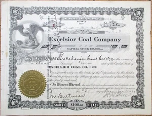 Excelsior Coal Company 1927 Mining Stock Certificato Numero Uno 1, IA H E Byram - Foto 1 di 2