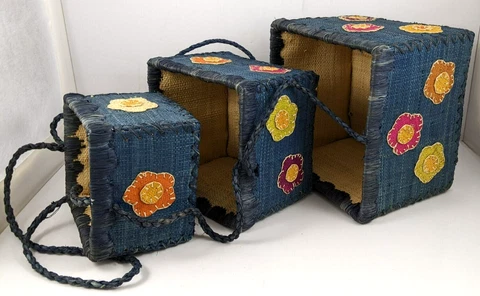 Vintage Three Tier Woven Straw Lined Hanging Baskets Flowers Cover