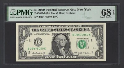 United States-Federal Reserve 1 Dollar 2009 Fr#3000-B (BK Block) UNC Grade 68 - Image 1 of 2