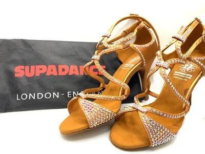 NEW SUPADANCE Sz5 - S1082 –3.0" Stiletto Heel Dark Tan Satin & Rhinestones w Bag - Image 1 of 4