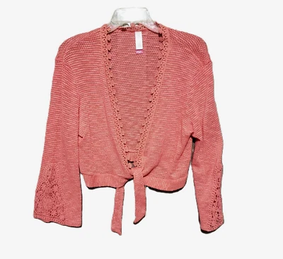 No Boundaries XXL Cardigan Sweater Coral Tie Front Lace Crochet Trim Cropped - Image 1 of 4