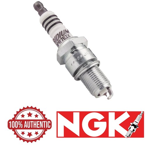 Silver spark plug with black and white stripes, NGK logo, and red “100% Authentic” badge.