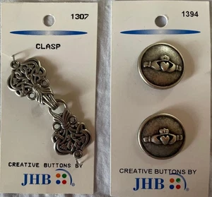 Nordic?/Celtic CLASP+2 Claddagh Shank BUTTONS~Silvertone~JHB Internatl~NOS~SEE - Picture 1 of 1