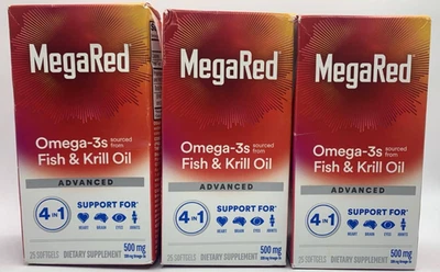 3PK MegaRed Omega-3s Fish & Krill Oil  Advanced 500 mg ~ 25 Softgels EA~EXP 8/26 - Image 1 of 2