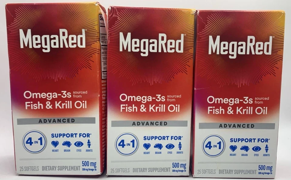 3PK MegaRed Omega-3s Fish & Krill Oil  Advanced 500 mg ~ 25 Softgels EA~EXP 8/26 - Image 1 of 2