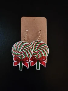 Christmas Earrings Jewelry Lollipop Festive Party Holiday Red Wood Whimsical - Picture 1 of 2