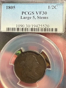 1805 HALF CENT DRAPED BUST LARGE 5 STEMS PCGS VF-30 ROTATED - Picture 1 of 4