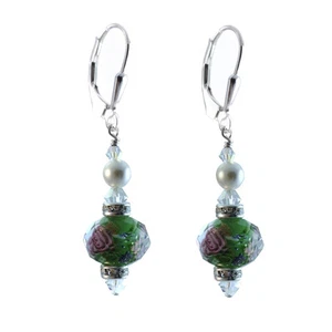 Earrings made w/ Swarovski Crystal Elements White Pearl Lt. Green Lampwork Glass - Picture 1 of 1