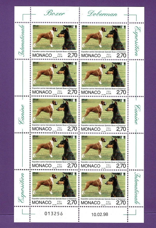 MONACO YVERT TELLIER 2148 " DOG BOXER DOBERMAN 2,70F SHEET OF 10 " MNH VVF A774 - Image 1 of 1