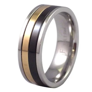 Black Gold Color PVD Plated Ring Mens Silver Stainless Steel Modern Band - Picture 1 of 4