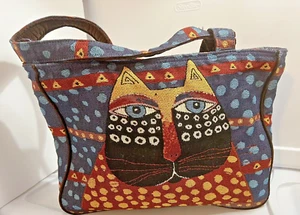 Laurel Burch Vintage Tote Bag Tapestry Cat Orange Blue Zip Sun N Sand 14x11 - Picture 1 of 14