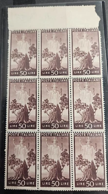 Italy Stamp Sc476, 50L  Italia, block of 9, MNH F/VF CV$76.50 (50401) - Image 1 of 2