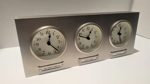 Pottery Barn Around The World Clock Brushed Nickle 3 Time Zones Table or Wall Cover