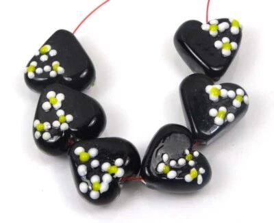 6 Lampwork Handmade Glass Jasmine Heart Beads 18mm - Image 1 of 3