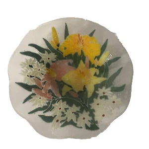 Peggy Karr Signed Fused Art Glass Tropical Floral Daisy Ruffled Bowl 11" - Picture 1 of 10