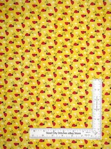 Ladybug Fabric Red Lady Bugs White Hearts Yellow Cotton Traditions By The Yard - Picture 1 of 1