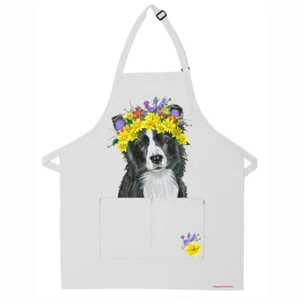Border Collie Floral Apron Two Pocket Bib Apron with Adj Neck - Picture 1 of 1