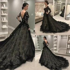 Black V Neck Wedding Dresses Long Sleeves Lace Applique Bridal Gowns Plus Size - Picture 1 of 6