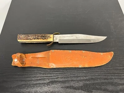 VTG EDGE BRAND 443 STAG HANDLE ORIGINAL GERMAN BOWIE FIXED BLADE KNIFE & SHEATH - Image 1 of 4