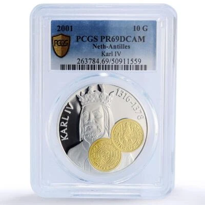 Netherlands Antilles 10 gulden Carolus Karl IV Gilt PR69 PCGS silver coin 2001 - Image 1 of 2