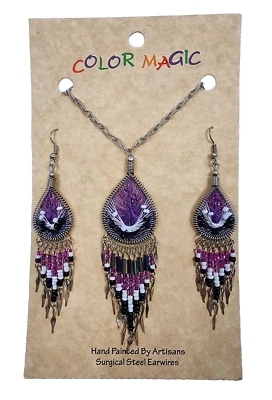 Juego de collar y pendientes atrapasueños nativos americanos pintados a mano por artesanos Foto 1 de 4