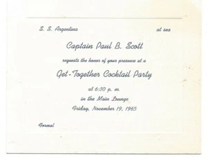 1965 S.S. Argentina Personal Cocktail Party Invito Capitano Paul B. Scott GG - Foto 1 di 2