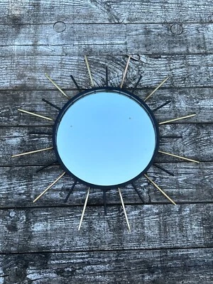 Miroir vintage 1960 soleil en fer noir et doré diamètre 47 cm - Photo 1/4