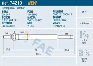 FAE 74219 Glow Plug for Citroen, Ford, Mazda, Peugeot, Suzuki, Toyota, Volvo - Picture 1 of 3