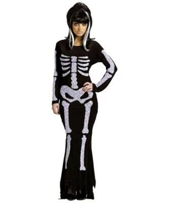 Skeleton Halloween Costume 2/8 Black White Lace Maxi Dress Gown Party Womens - Image 1 of 4