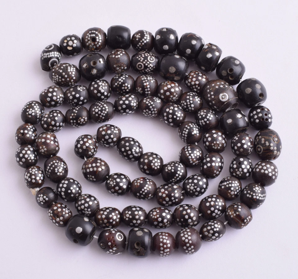 Antique Black coral Yusr beads inlaid strand-assorted 75 beads - Image 1 of 4